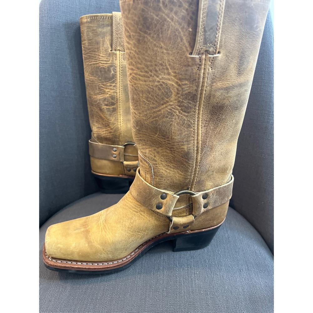 Frye Womens‎ Tan Leather Harness Motorcycle Biker Boots Square Toe Chunky Heel - Picture 2 of 6